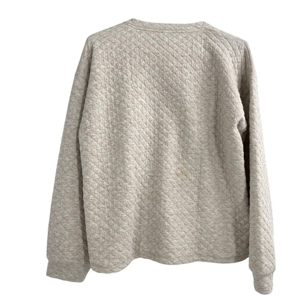 J. Crew Oatmeal Quilted Button Neck Sweater Womens Size Large Raglan Sleeves - Picture 2 of 8